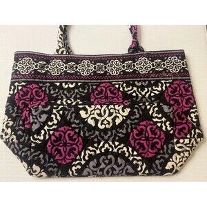 Vera Bradley Canterberry Magenta Black Cream Pink 2 Handle Tote Bag 14x8x5 Purse